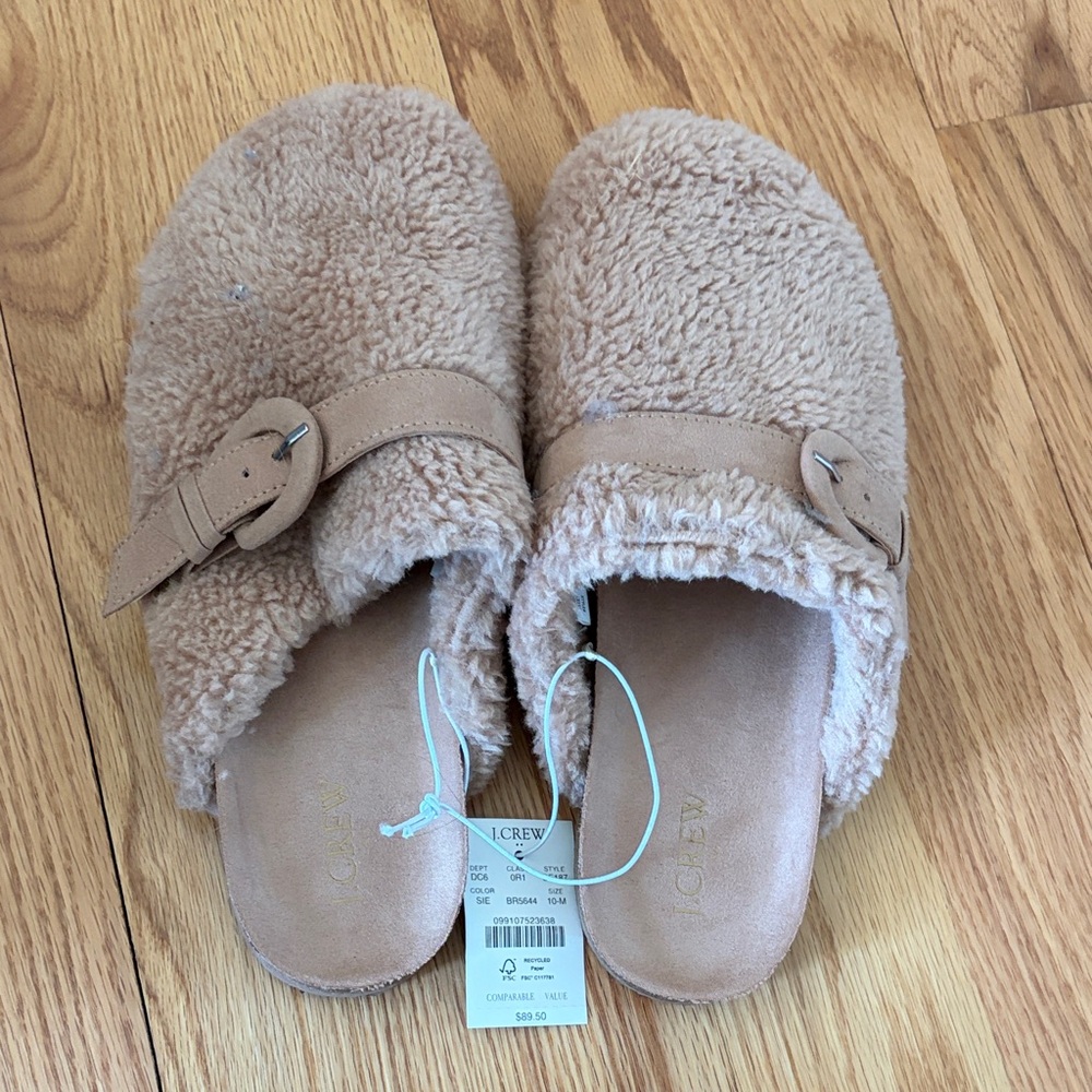 J. Crew Taupe Plush Shearling Buckle Slip-Ons